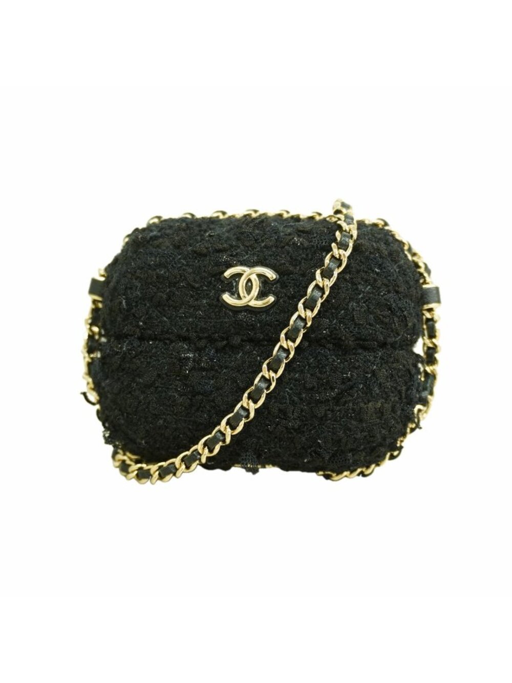 Chanel Airpods Case Tweed Black Champagne Gold Shoulder Bag